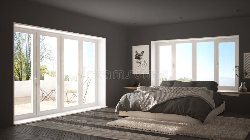 Scandinavian gray minimalist bedroom with panoramic window, fur carpet and herringbone parquet, modern architecture interior desig. N royalty free stock photo