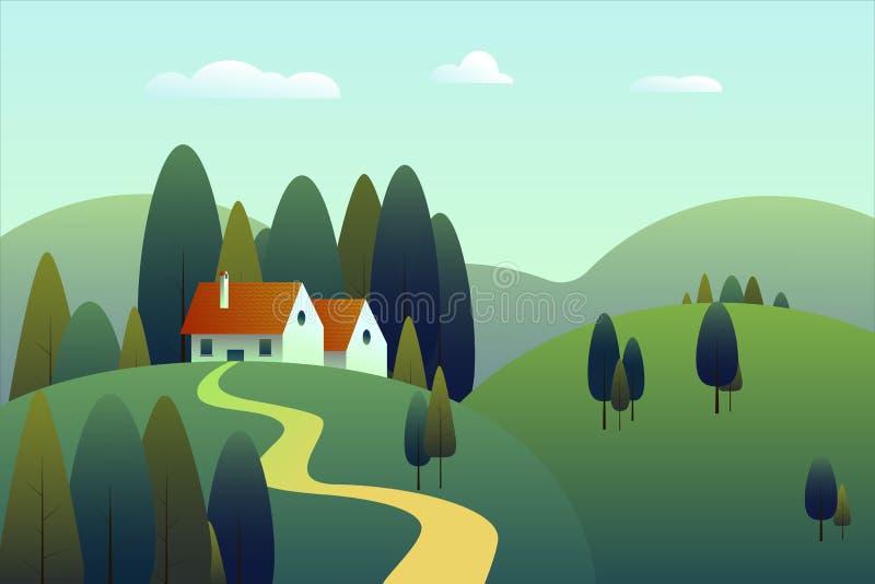 Summer landscape with green field, wooden house in a forest and mountains on a blue sky. Vector vector illustration