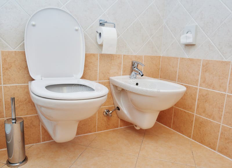 Toilet sanitary sink or bowl bidet and paper. Clean toilet sanitary sink or bidet bowl with open lid unit in bathroom stock photography