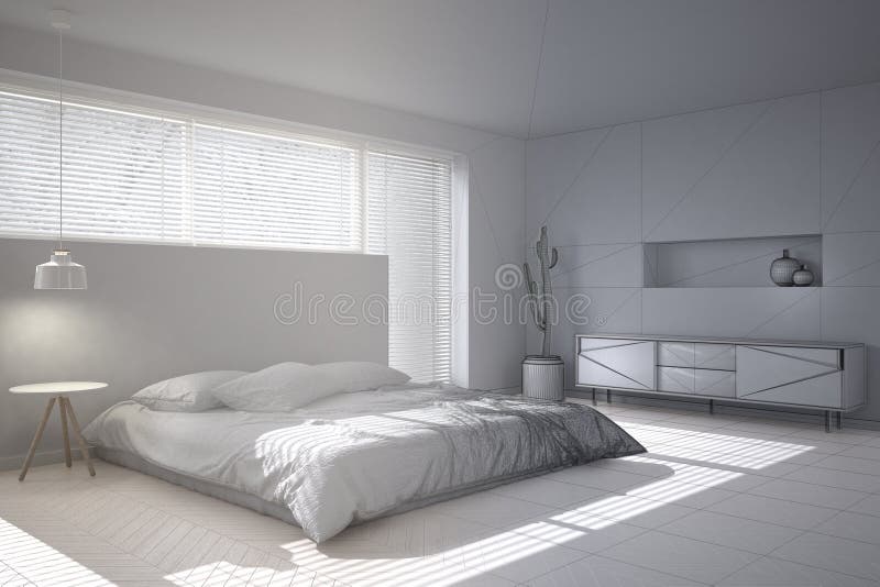 Unfinished project draft sketch of white minimalist bedroom, big window with venetian blinds vector illustration