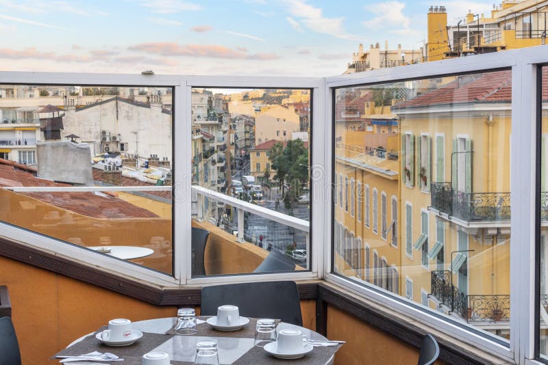 View of the city of Nice, France, on the Mediterranean French Riviera from a rooftop cafe terrace.  stock photo