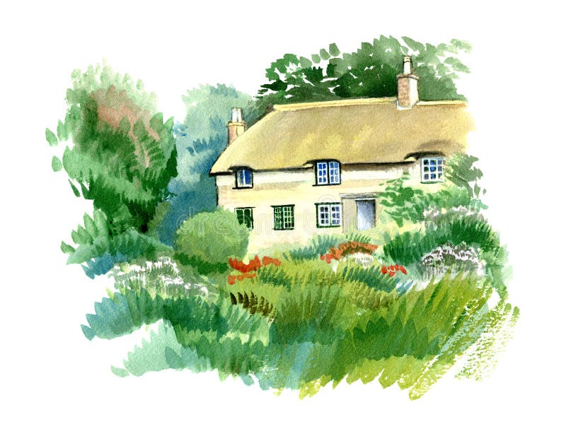 Welsh traditional house in the garden, England. Watercolor hand drawn landscape. Touristic view for cards, booklets or other design royalty free illustration