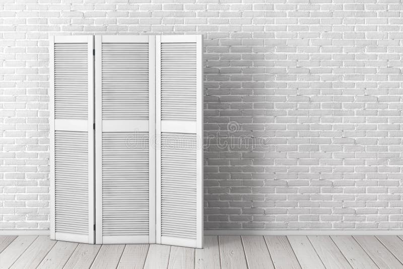 White Folding Wooden Dress Screen in front of Brick Wall. 3d Rendering stock illustration