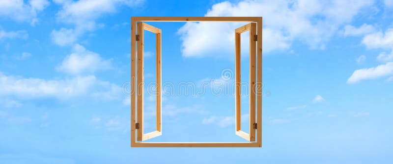 Window frame wooden open sky panoramic. Window frame wooden open sky view panoramic stock image