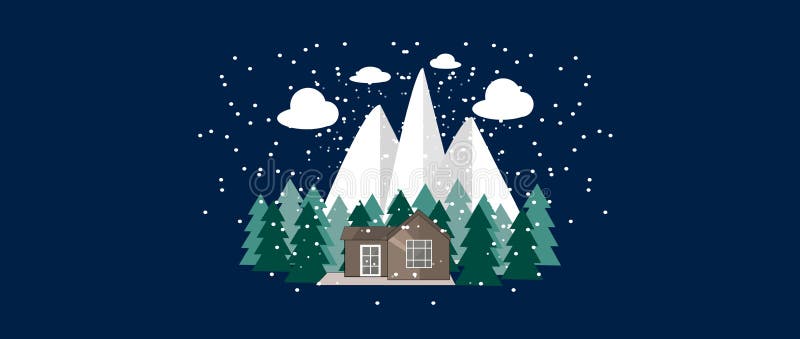 Winter nature landscape with Cute little house, fir trees. Mountains and snowflakes. Winter Background.Vector illustration royalty free illustration