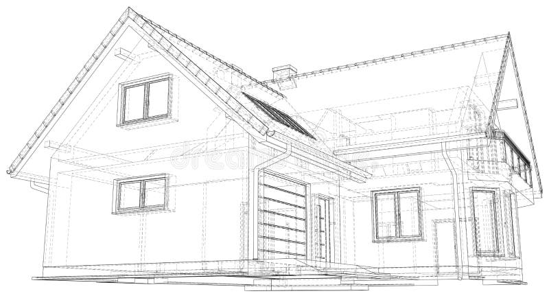 Wireframe blueprint drawing of 3D house - Vector illustration.  stock illustration
