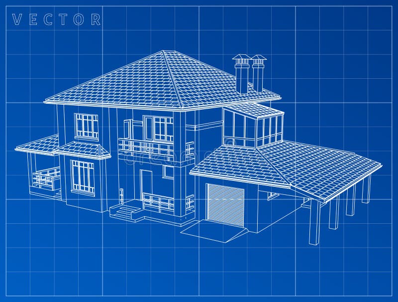 Wireframe blueprint drawing of 3D house - Vector illustration. Eps 10 vector illustration