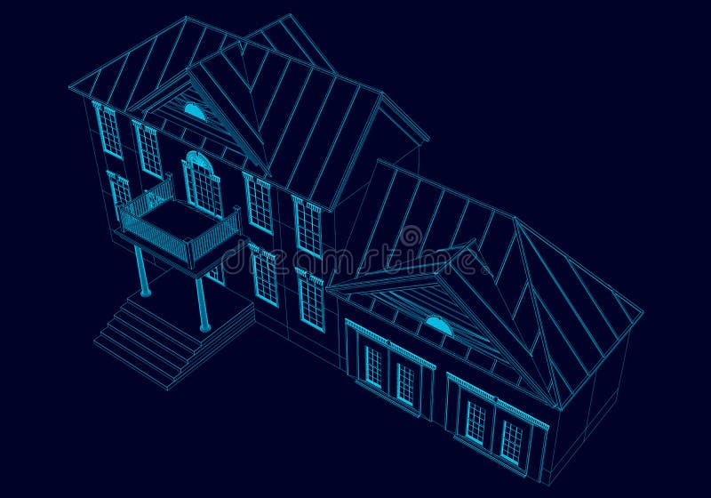 Wireframe of the house of the blue lines on a dark background. 3D Vector illustration.  vector illustration