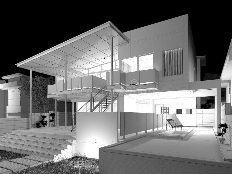 Wireframe House. A modern wireframe house with pool and garden royalty free illustration