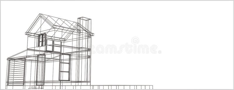 Wireframe house. Isolated on white background 3d illustration stock illustration