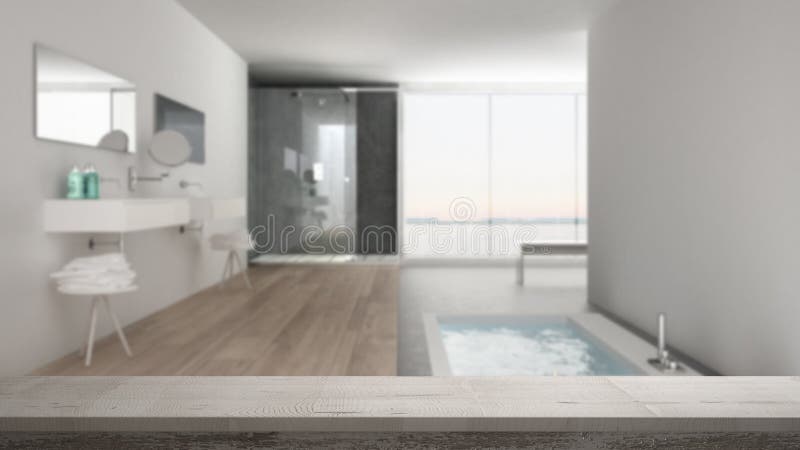 Wooden vintage table top or shelf closeup, zen mood, over blurred minimalist white bathroom with bath tub and panoramic window, wh. Ite architecture interior stock image