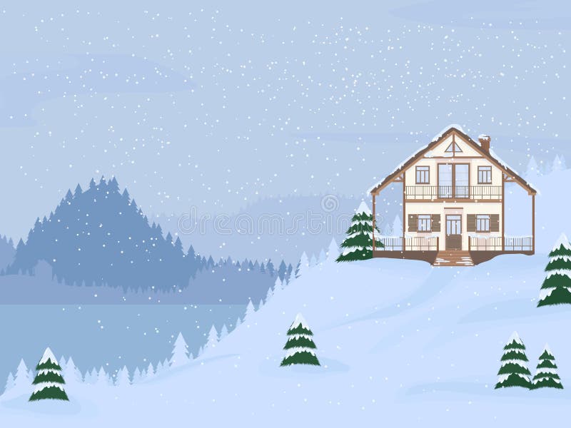 Vector illustration of suburban family house with mansard,lake and firs against the winter landscape. Vector illustration of suburban family house with mansard stock illustration