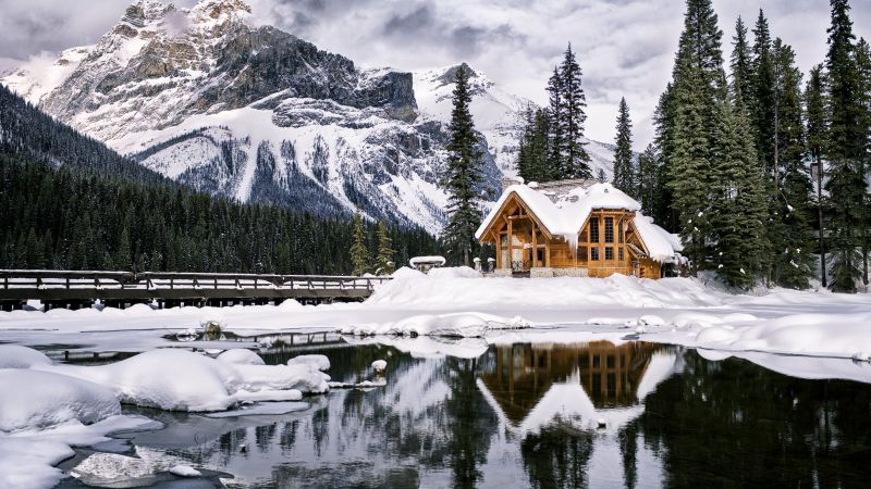 mountains, house, lake, trees, winter, 4k (horizontal)