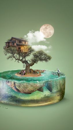 art, tree, fish, island, house, underwater, 4k (vertical)