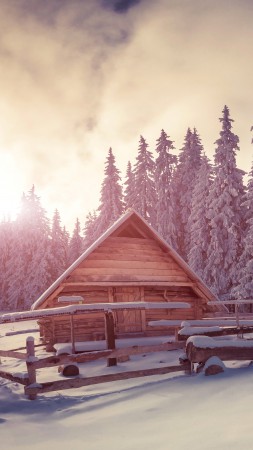 Pines, 4k, HD wallpaper, snow, sunset, house (vertical)