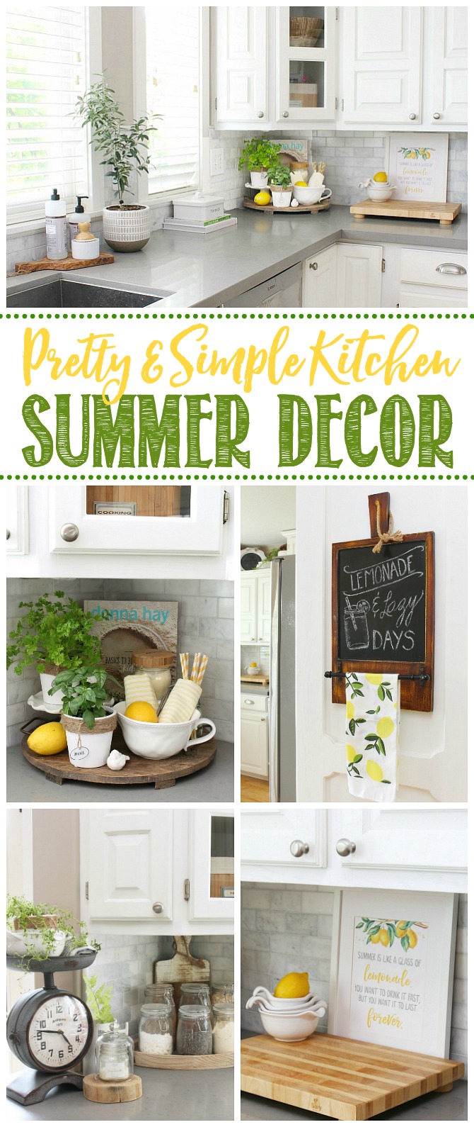 Collage of simple summer kitchen decor ideas with greens and yellows.
