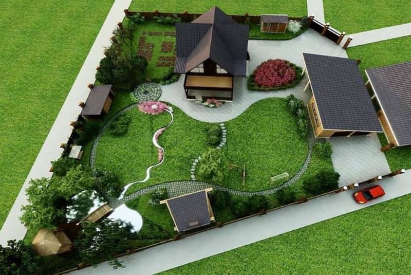 Дизайн-проект участка загородного дома с гаражом и хозяйственными постройками