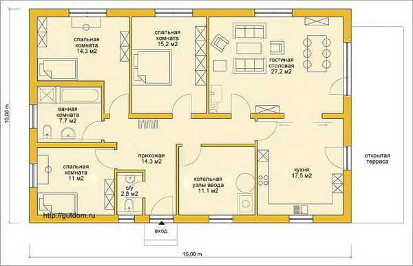Projekt kuće je 8x6 m ili površine 48 četvornih metara. m s izvrsnim rasporedom